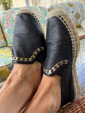 Salvatore Ferragamo Leather Chain Espadrilles 7.5C Wide Black